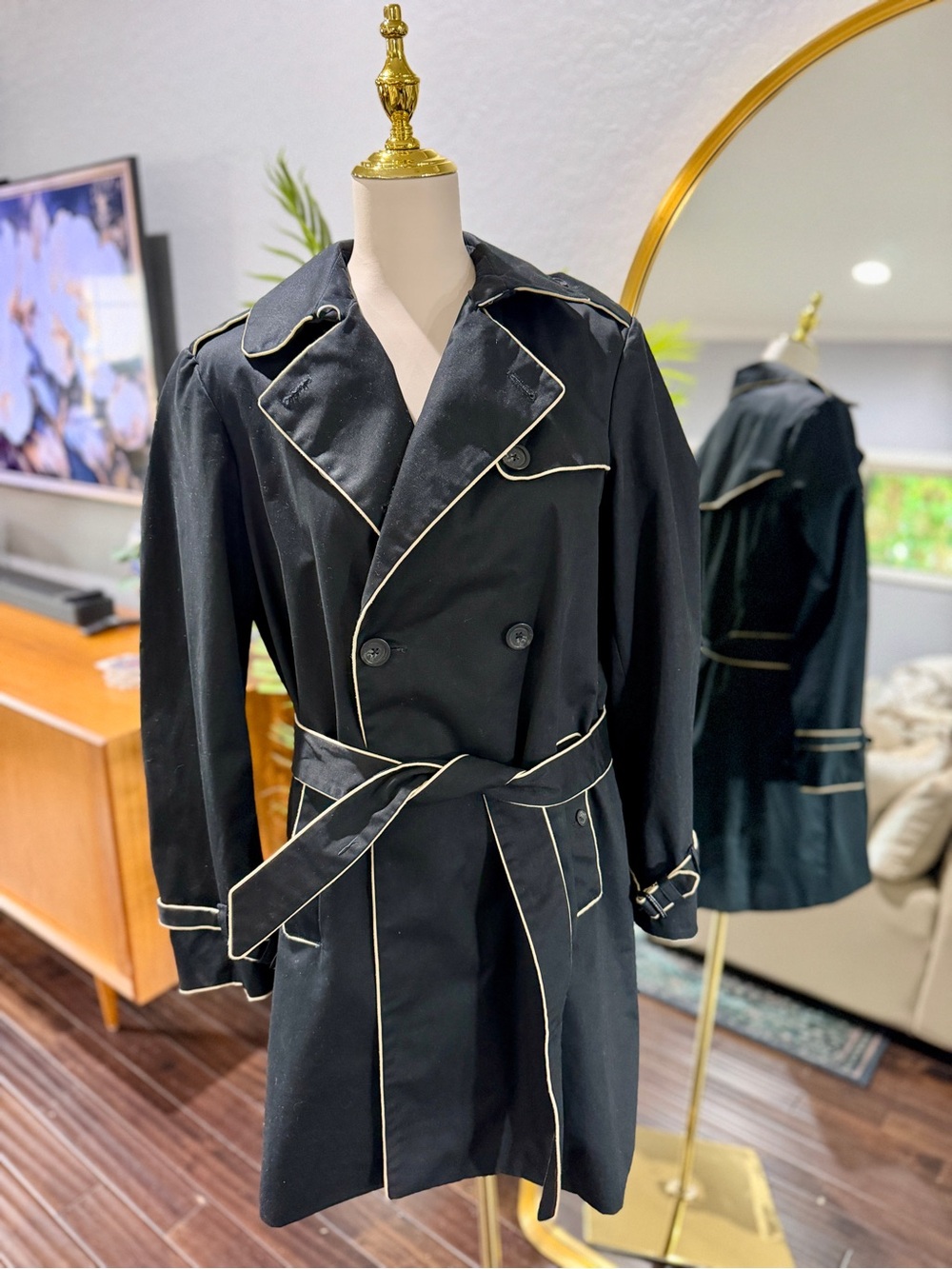GAP Black Trench Coat with White Piping